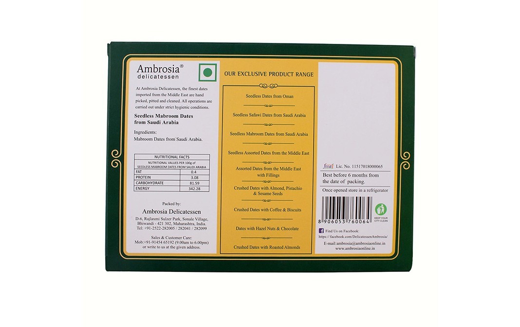 Ambrosia Delicatessen Seedless Mabroom Dates From Saudi Arabia   Box  250 grams
